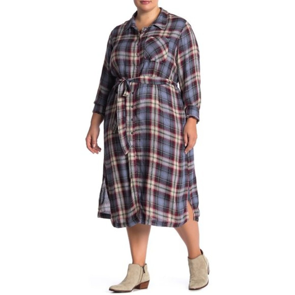 NWT Nordstrom Seven7 Plaid Tie Waist Shirt Dress